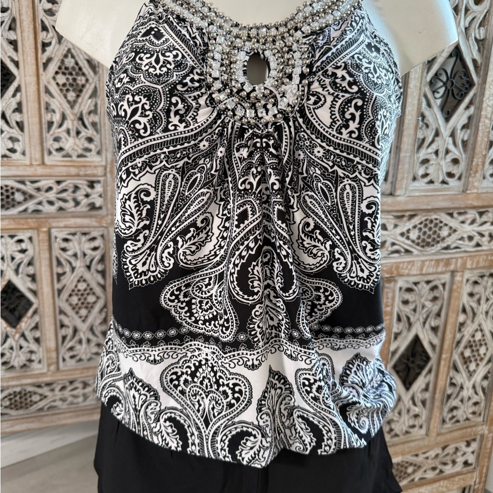 INC International Concepts Black and White Embellished Halter Tank Top